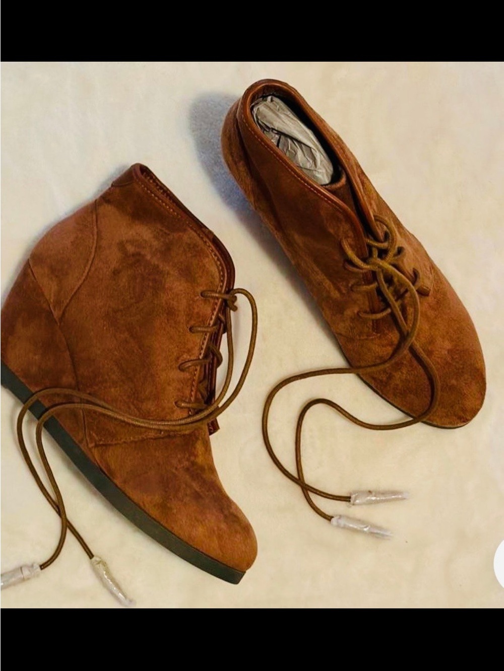Brown Suede Lace-Up Wedge Ankle Boots